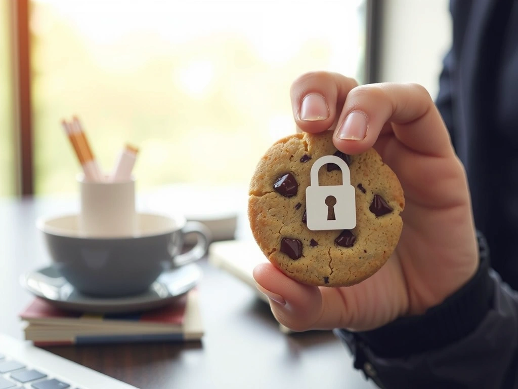 Ręka trzymająca ciasteczko z ikoną 'cookie' na nim, symbolizujące politykę plików cookie.