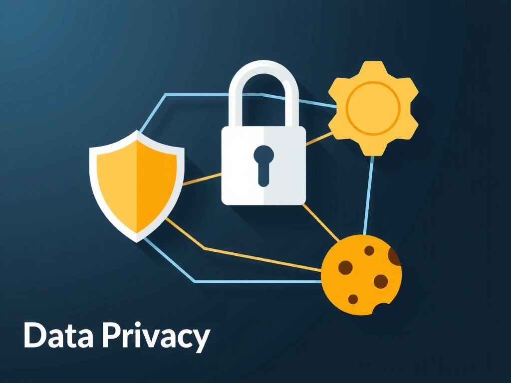 Ilustracja symbolizująca ochronę danych osobowych i prywatność online, z ikonami tarczy, zamka i ciasteczka.